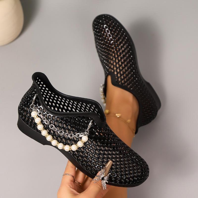 Women's Low Heel Shoes Summer New Round Head Deep Hollow Beaded Metal Chain Anti-slip Wear-resistant Sandals