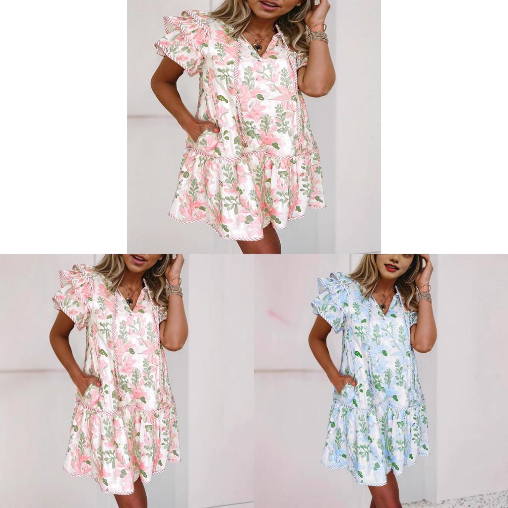 Floral Colorblock V Neck Pocket Dress With Short Sleeves For Spring 2025