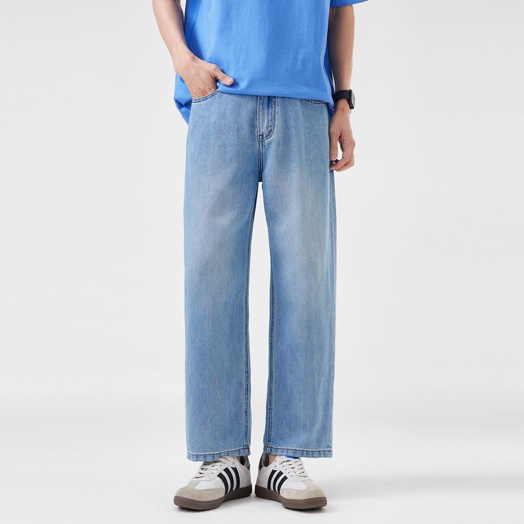 Fried salt water washed jeans men's spring new commuter versatile Tencel wide-leg straight casual nine-point pants loose tide