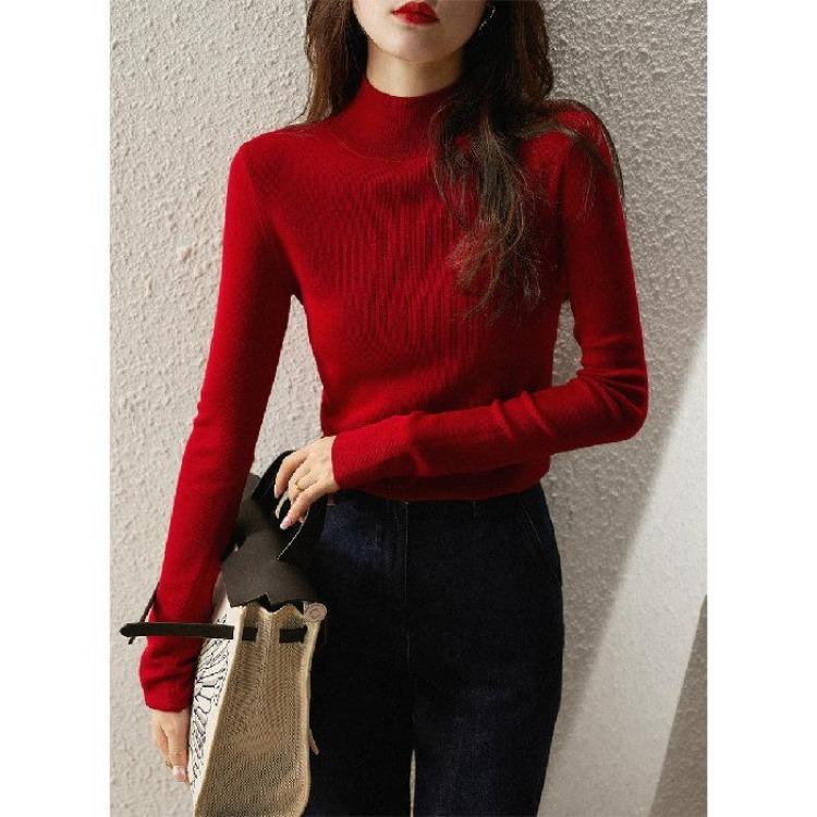 Women's Sweaters - Korean Style Large Size Womens Half Turtleneck Knitted Sweater Long Sleeve Autumn Winter Solid Color Tops T Shirt Bottoming Shirt