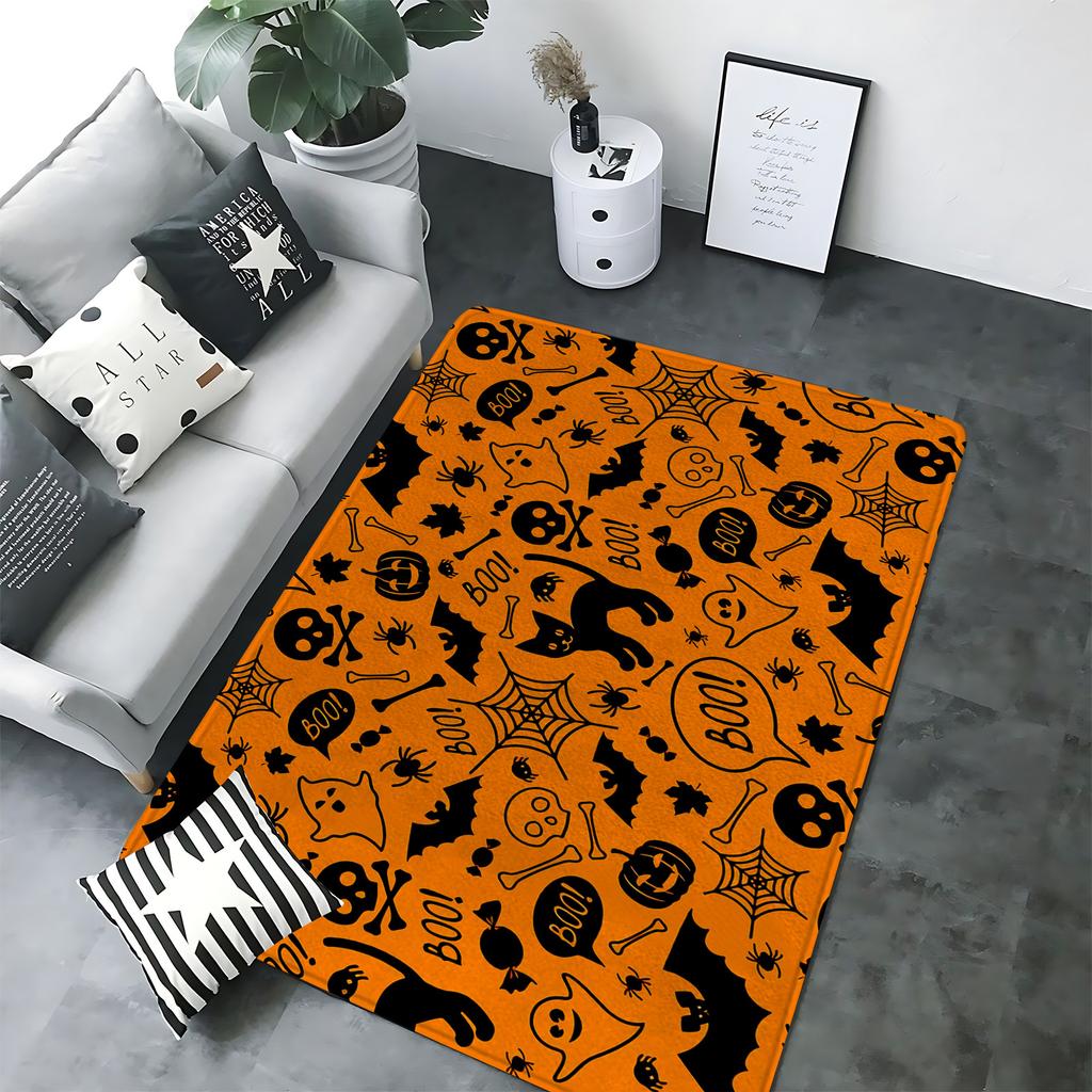 Halloween Themed Rectangular Rug Diverse Pumpkin Black Cat Patterns Soft Non Slip Carpet for Living Room Bedroom Decor