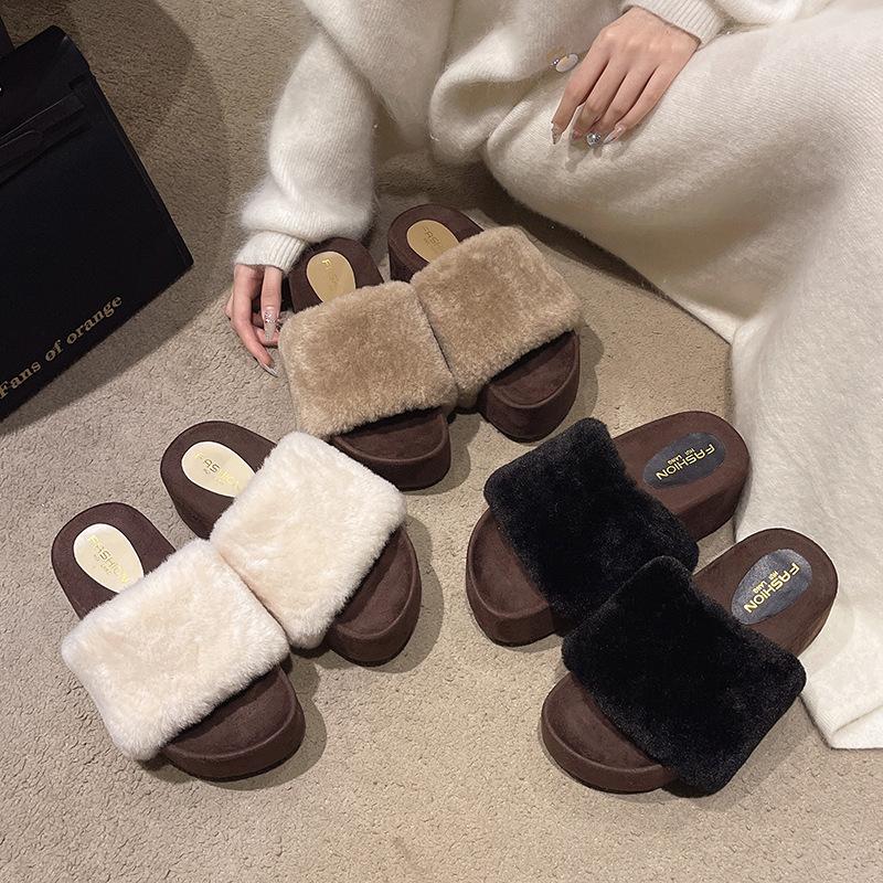Premium Thick-bottomed Fluffy Slippers for Women's Outer Wear 2025 New Autumn and Winter Non-slip and Height-increasing One-word Cotton Slippers