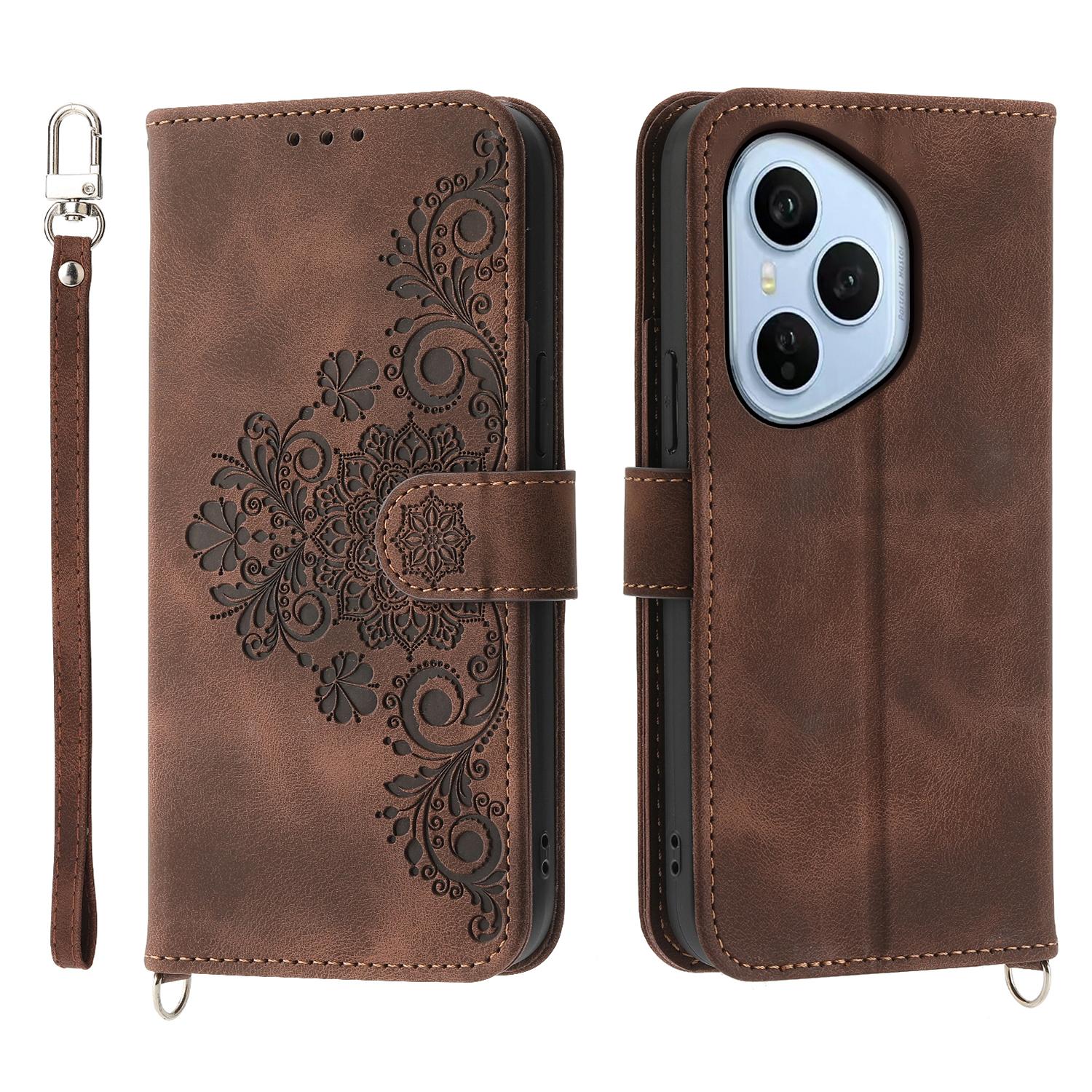 

For Honor 400 Pro 5G (Global) Case Flower Pattern PU Leather Wallet Phone Cover with Strap Brown