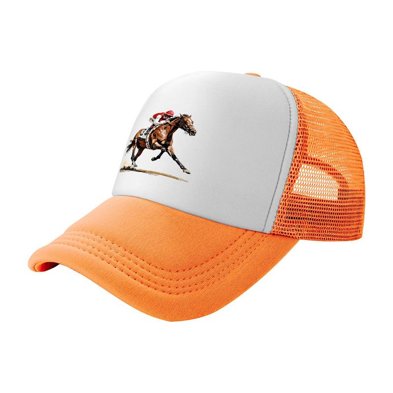 Horse Racing Rider Design Mesh Trucker Hat Breathable Adjustable Cap for Outdoor Activities and Casual Wear