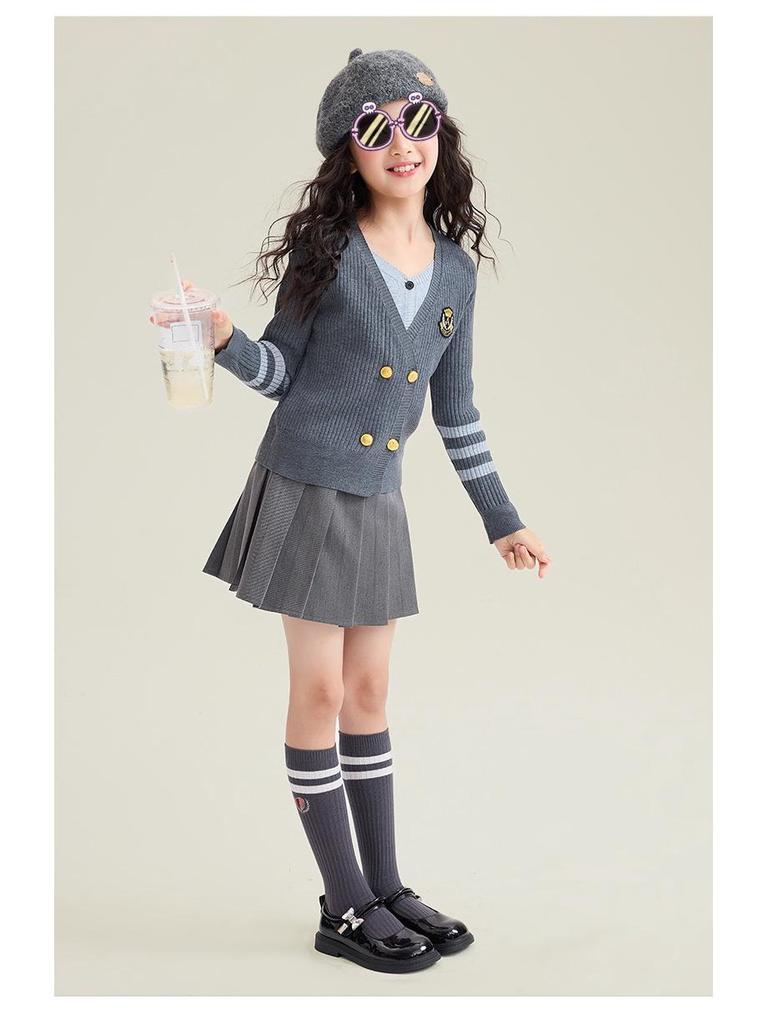 2025 Girls' Academy Style Knit Cardigan with Two-Piece Korean Slimming Skirt Set
