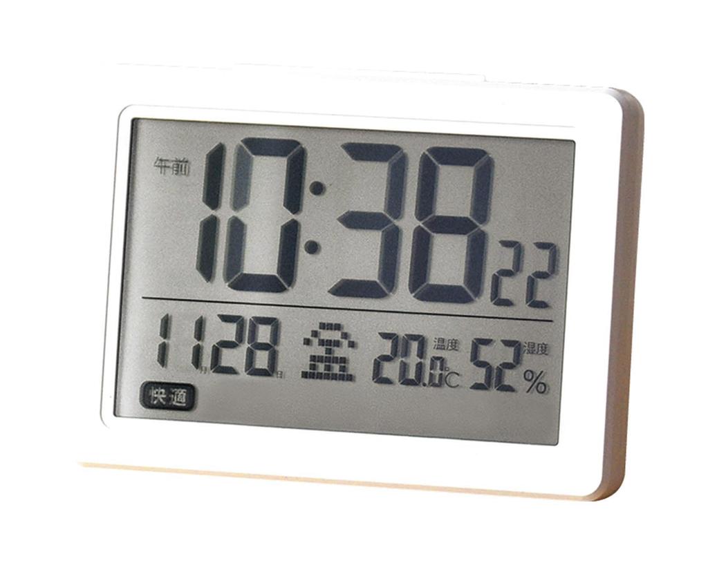 Kakusei Radio-Controlled Digital Alarm Clock with ThermometerHygrometer, Backlight, Tabletop Clock, Calendar Display, Dry-Type, White, Compact DO-01