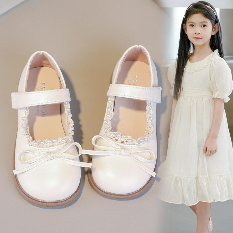 Girls Leather Shoes Black Matte Kids Flat Shoes Round Toes Non-slip 2025 Spring Autumn New Girls Performance Shoes Bows Sweet