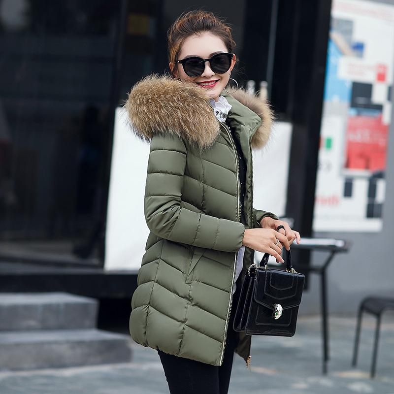 European Winter Mid-Length Women's Coat with Large Fur Collar and Hood for Cold Protection