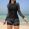 New European and American Swimwear, Long-sleeved Printed Spliced Double-layer Shorts, Women's Split Tankini
