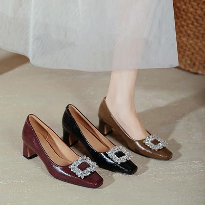 Square Head High Heels Thick Heel Spring and Autumn Large Size Shoes Rhinestone Square Buckle Burgundy Medium Heel Light Mouth Single Shoes