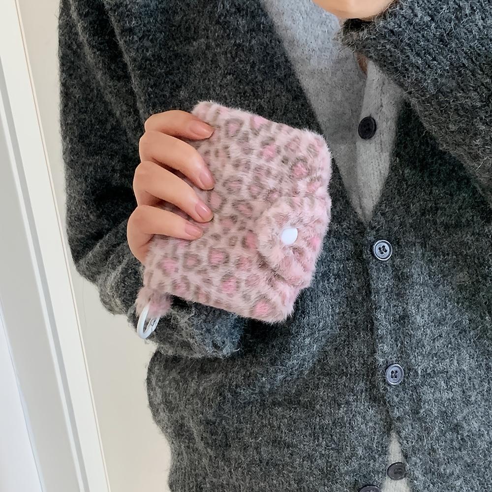 Cute Plush Leopard Pattern Snap Card Bag for Girls Mini Storage Wallet Coin Wallet Pendant Earphone Bag Women's Gifts