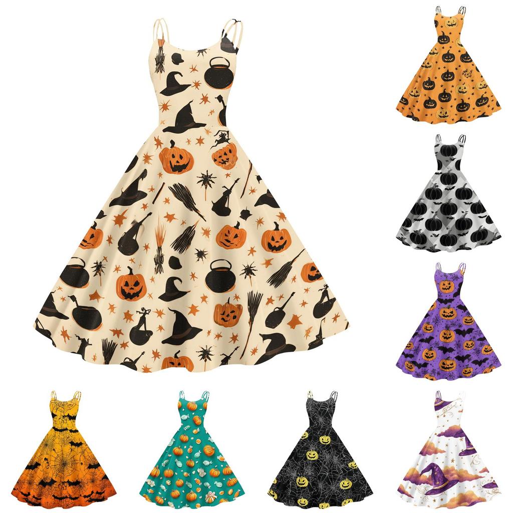 Womens Halloween Spider Web Pumpkin Print Vintage Punk Off Shoulder Dress Sleeveless Flared Skirt Party Costume Dress