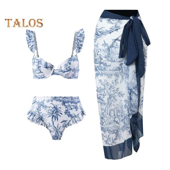 3 sztuk/zestaw damskie letnie bikini z okryciem plażowym spódnica styl boho rękawy z falbankami biustonosz bandeau wysokiej talii majtki do pływania sznurowany zestaw narzutek