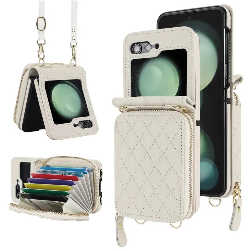 Crossbody Lanyard Leather Zipper Wallet Card Phone Case for Samsung Galaxy Z Flip 7 6 5 4 3 Flip6 Flip5 Flip4 Wrist Rope Cover