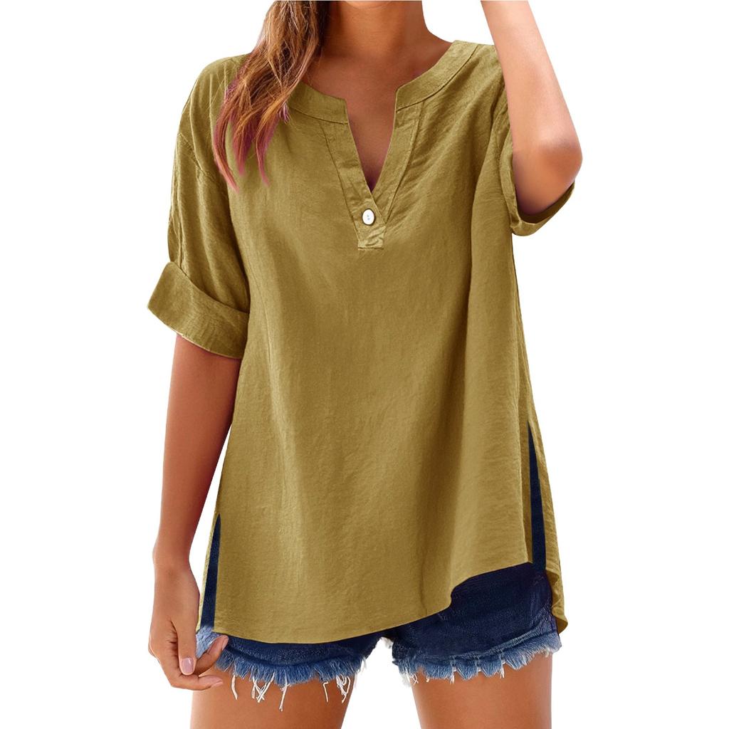 Women's Summer Tops Fashion Button Large Size Cotton and Linen Shirts