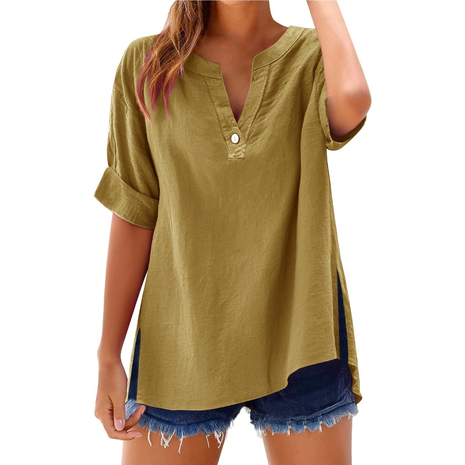 

Women s Summer Tops Fashion Button Large Size Cotton and Linen Shirts XXL жёлтый