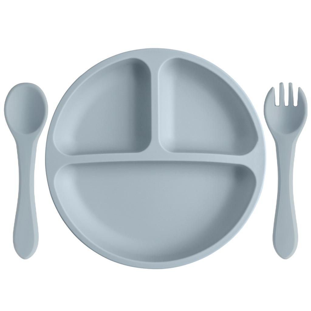 Color Kids 3PCS Silicone Baby Feeding Set Suction Plate Wooden Spoon Fork BPA Free Training Tableware Dish Bowl Gift Set