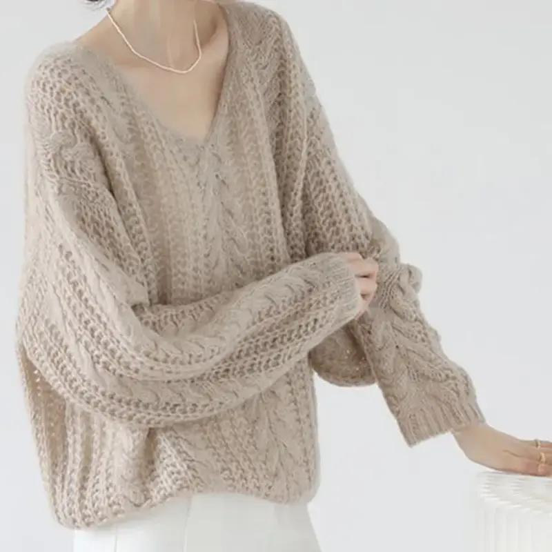 Sweater Pullovers Tops Women Long Sleeves Autumn Oversized Hollow-out V-Neck Loose Long Sleeve Pullover Tops