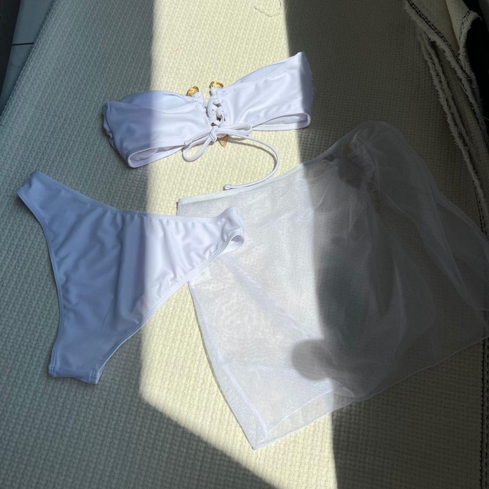European and American Sexy Solid Color Tube Top Bikini Three-piece Mesh Swimsuit