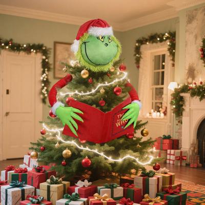 Green Elf Reading Book Christmas Tree Topper Plush Elf Head Arm Treetop Ornament for Farmhouse Holiday Party Tree Decor