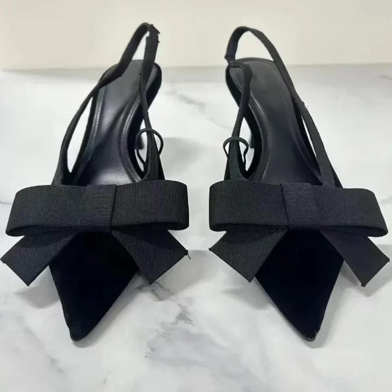 Fashion Black Velvet Butterfly-knot Designer Heeled Sandals Women Sexy Pointed Toe Slingbacks Women Pumps Elegant Party Dress High Heels