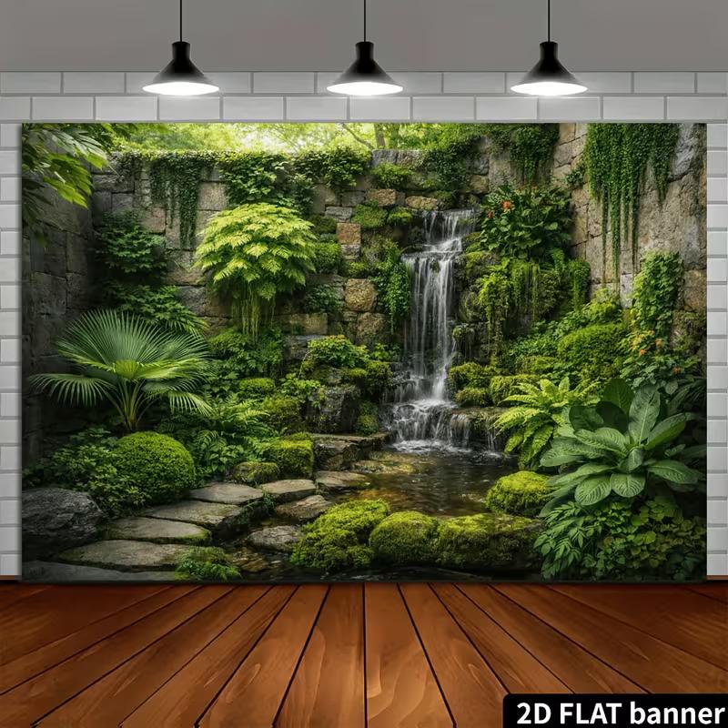 2D Zen Garden Backdrop with Waterfall and Stone Wall Photography Background