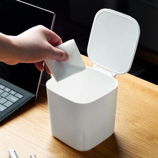 Desktop Trash Can with Flip Cover Mini Trash Bin Home Office Desk Bedside Table Plastic Waste Container