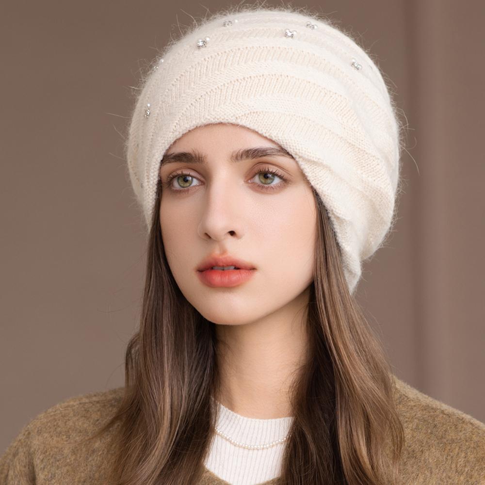 New Women Winter Hat Decorate Beanie Hat Circular Winding Style Rabbit Fur Blend Warm Winter Cap Y2K Female Outdoor Knitted Hat