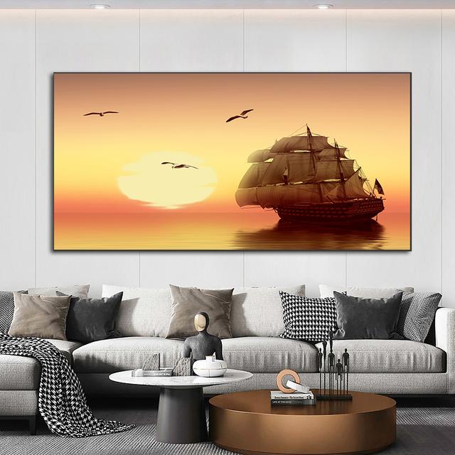 Landscape Pirates Ship Tropical Island Palm Tree Canvas Painting Posters and Prints Wall Art Pictures Living Room Decor No Frame