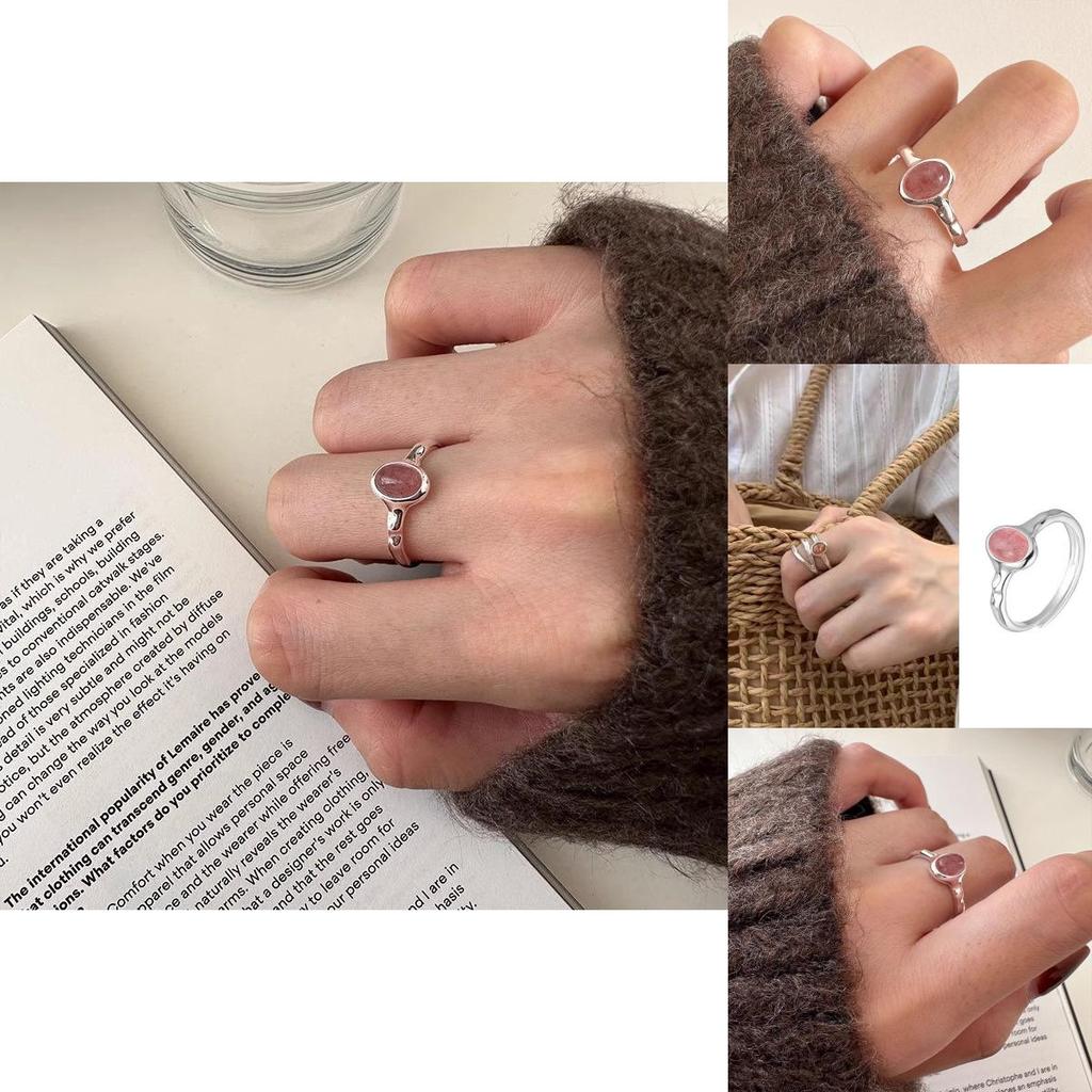 Pink Stylish Geometric Strawberry Crystal Ring For Women Elegant Adjustable Statement Jewelry