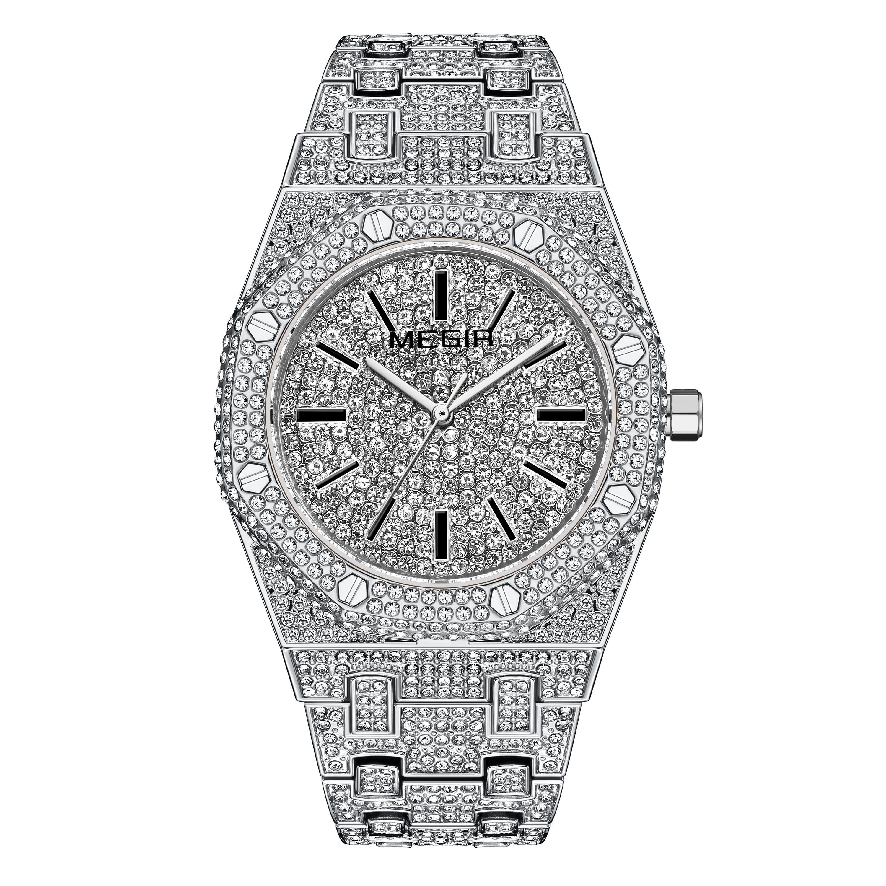 

Megir Роскошные мужские часы с бриллиантами, кварцевые наручные часы с браслетом из нержавеющей стали, водонепроницаемые мужские часы, деловые часы Relogio Masculino 1091 серебряный