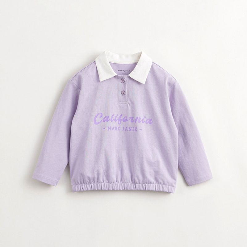 Mark Jenny Girls  Preppy Style Polo Collar T-Shirt, Kidsren s Pure Cotton Color-Blocked Long-Sleeved Top, Spring Style 240235 Purple 90