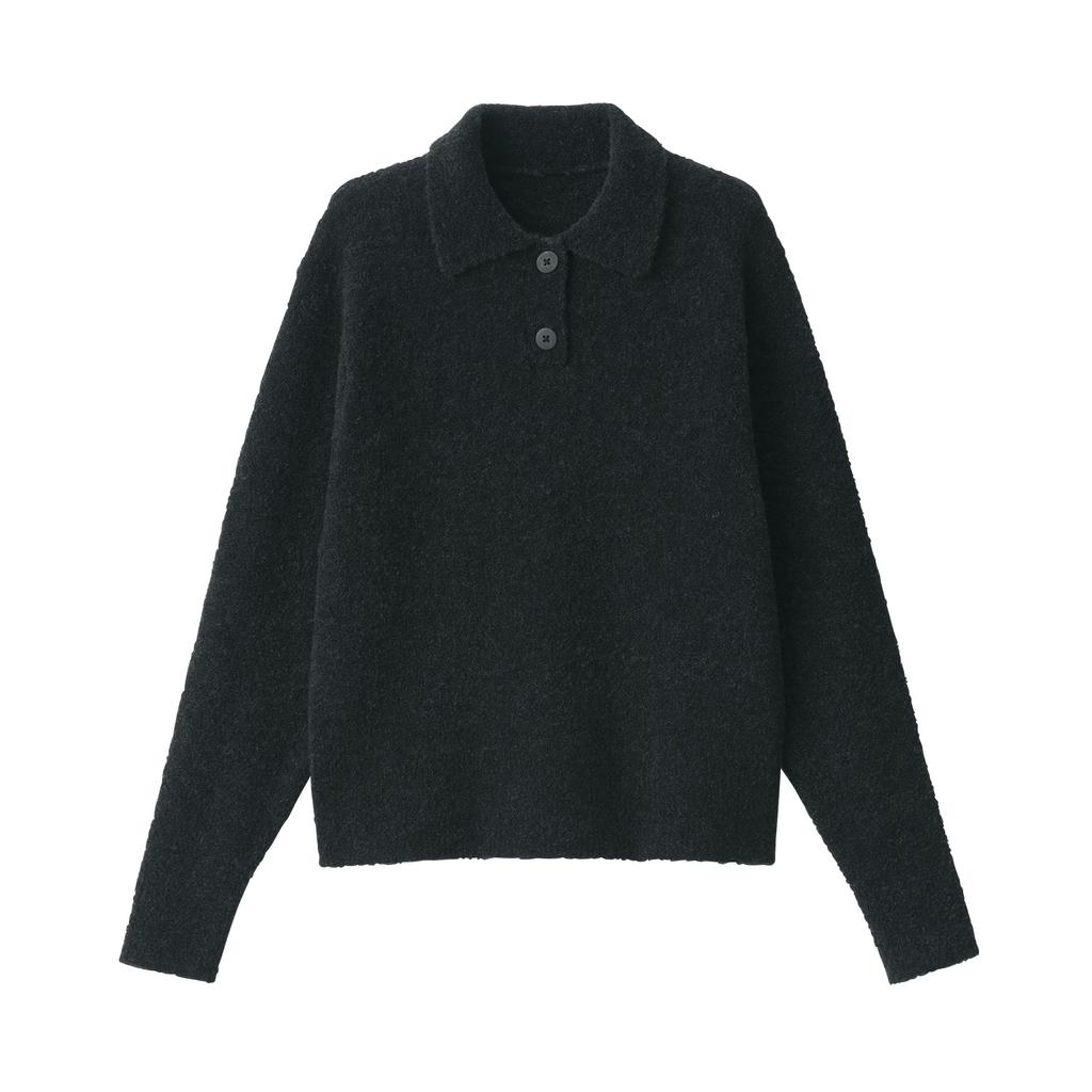 MUJI Women's Wool-Blend Boucle Polo Sweater, Dark Gray, Size XL, BA1P7A4A
