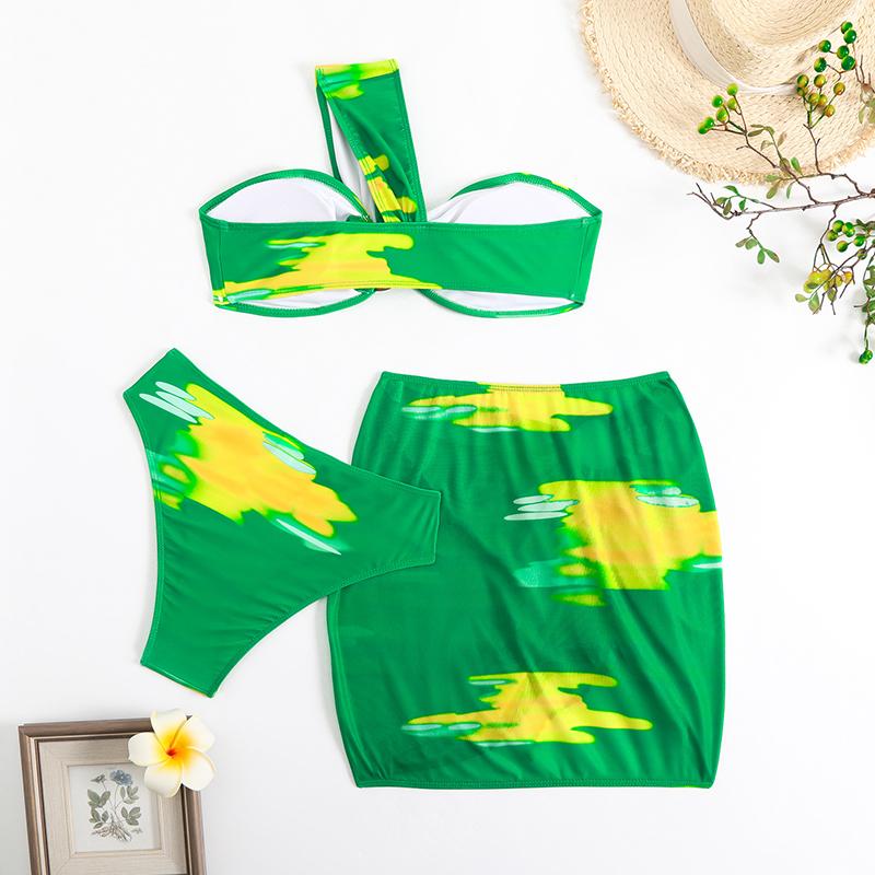 New Sexy Dyed Print One Shoulder Women's Swimsuit Three Piece Bikini Set Single Shoulder Backless Beachwear