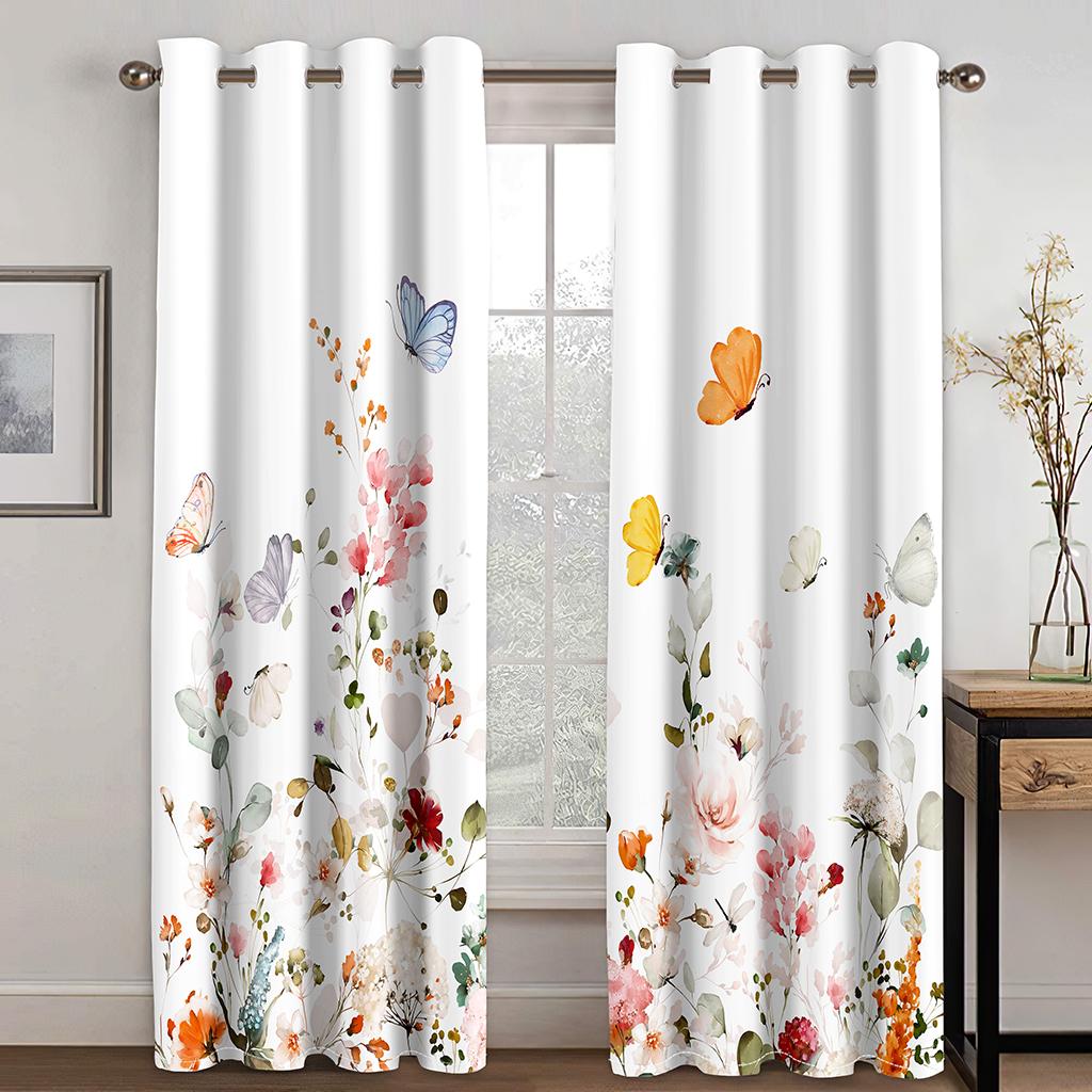 Modern Colorful Design Blue Butterfly Flower 2 Pieces Thin Shading Window Drape Curtains for Living Room Bedroom Home Decor Hook