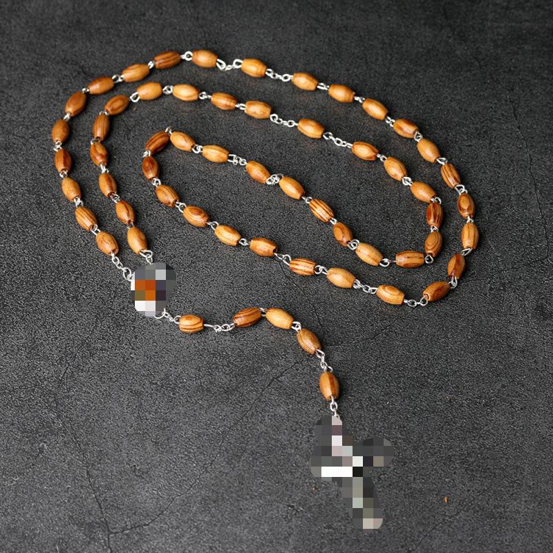 Natural Wood Rosary Cross Necklace from Holy Land