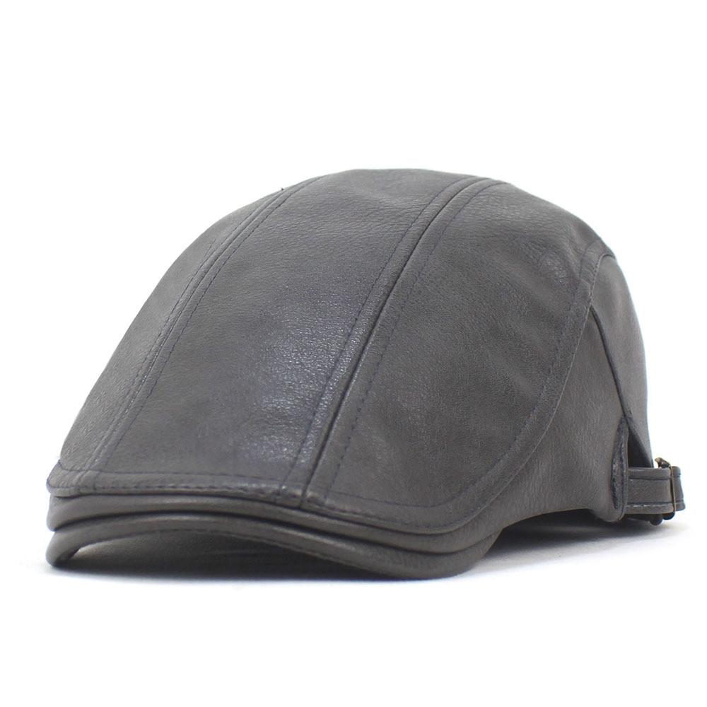 

Unisex Pu Leather Beret Cap With Curved Brim And Windproof Design For All Seasons темно-сірий