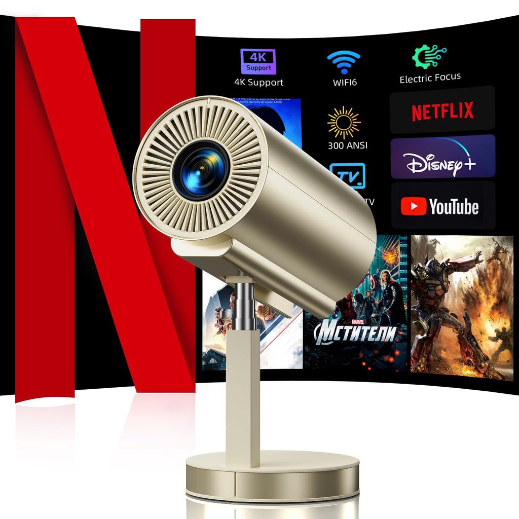 KOSCHEAL Home Projector TV App Auto Telescopic Compact Home 300 High Ceiling 4K Bluetooth 3D Surround Automatic Keystone Large Integrated Connects To