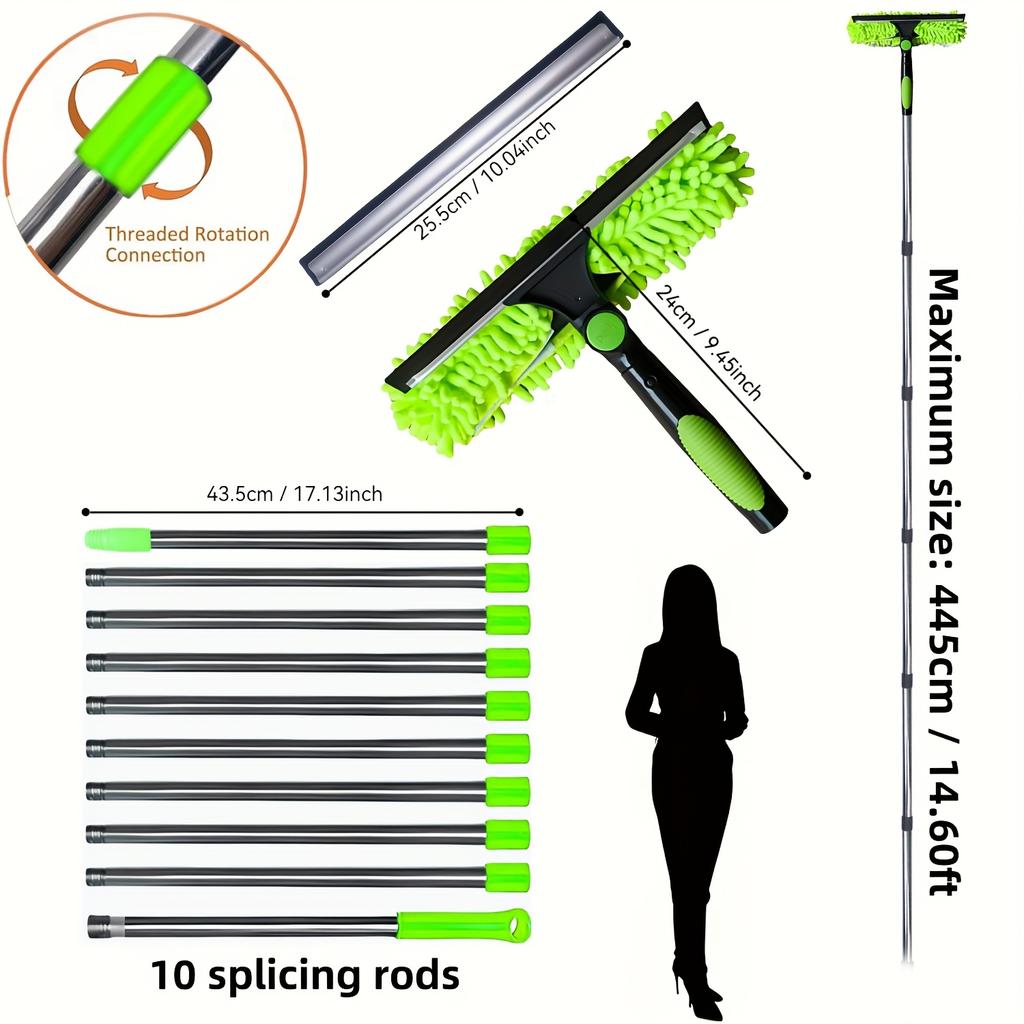 2-in-1 High Waist Window Cleaning with 10 Joint Extension Pole Stainless Steel Scraper and Squeegee Reusable Microfiber Cloth