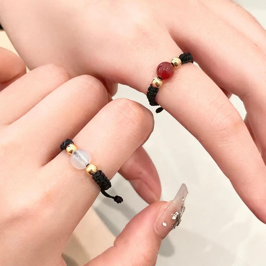 Red Bean & Red Agate Woven Copper Coin Ring for Women - Trendy Niche Design for Couples & Best Friends Pinky Ring.