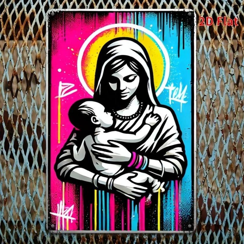 Vintage Mary Jesus Aluminum Wall Art Farmhouse Religious Metal Sign 2D Colorful Decor 20x30cm