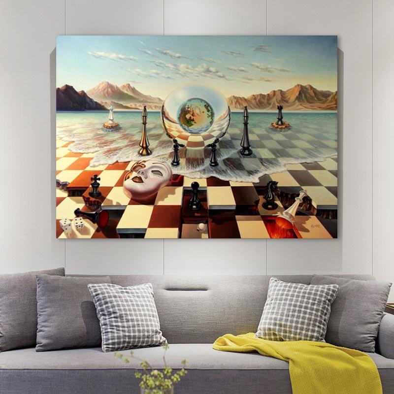 Salvador Dali Surrealism Chess Mask On Sea Canvas Painting Abstract Posters and Prints Wall Art Pictures for Home Decor