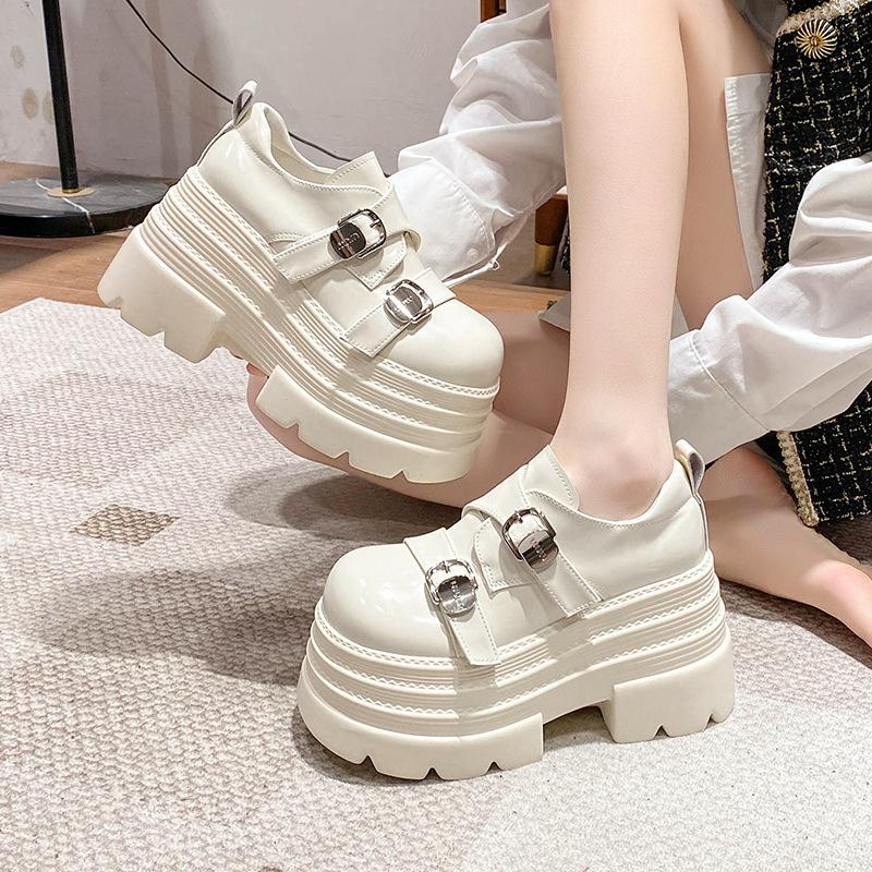 10CM Heels Women Leather Loafers Fad Designer Belt Buckle Lady Mary Jane Shoe Retro British Thick Sole Casual Shoe Zapatos Mujer
