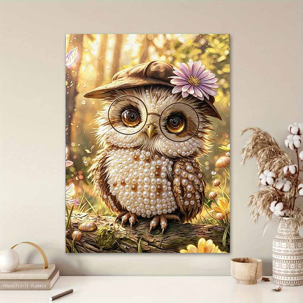 Framed Pearl Bead Painting Kit Cute Owl Forest Design DIY Shiny Canvas Art Relaxing Craft Gift for Craft Lovers Home Decor Gift