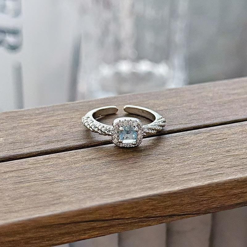 New Niche Light Luxury High Sense Sea Blue Zircon Super Fairy Open Ring Simple Fashion Jewelry Women