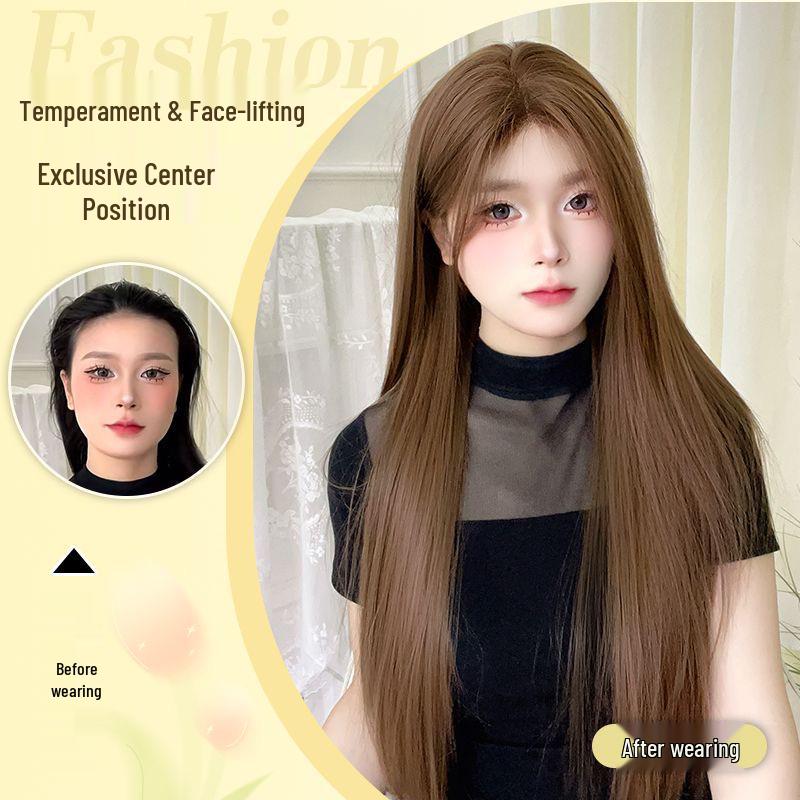 Wig for Women - Long Straight Linen Brown with Lace, Wen Qing Miki Style, Full Head Cover, Fluffy Natural Look
