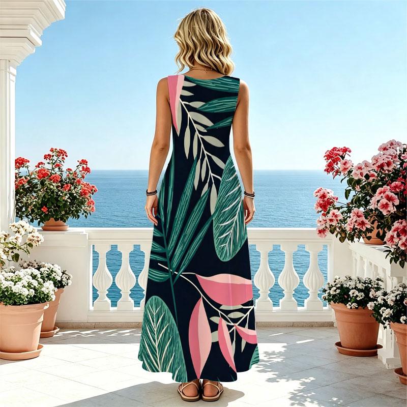 Sleeveless Bohemian Flowy Maxi Dress Lightweight Tropical Plants Print,Flattering Summer Vacation Casual Dress