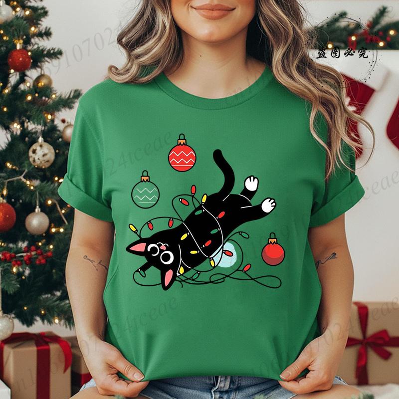 Kitten Xmas Tree Unisexs Casual TShirt Black Cat Christmas Graphic Print TShirts Tops Meowy Xmas Lights Novelty TShirt Tops