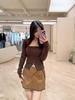 Nanyou Retro A-Line High Waist Brown Leather Mini Skirt for Women