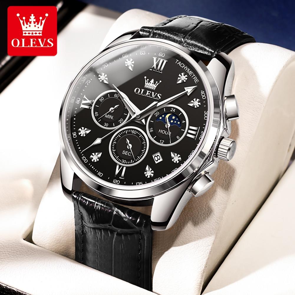 OLEVS 2888 Men's Watches Fashion Style Original Quartz Watch for Man Comfortable Leather Strap Waterproof Luminous Moon Phase